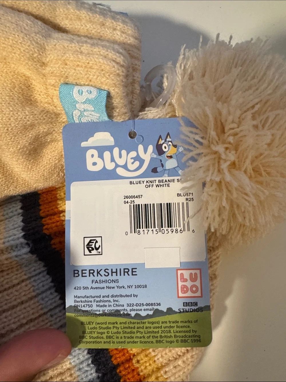 Berkshire Cream Pom Beanie with Stripe Detail and Character Patch